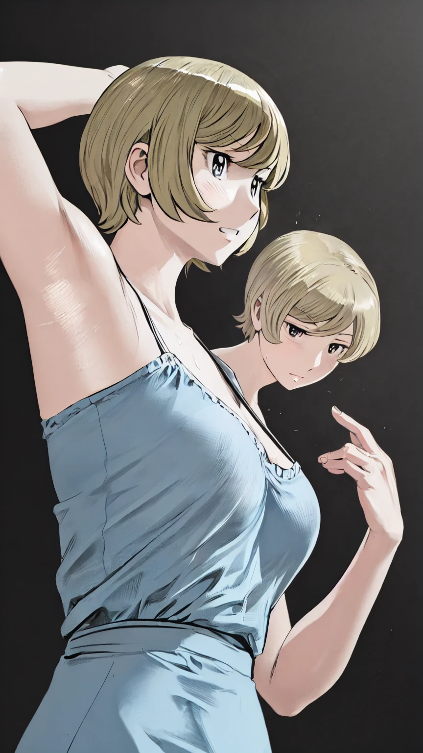 、(masterpiece、Highest quality)、Highest quality, Ultra-high resolution, (((masterpiece))), alone, Sweat、Big eyes, Please show me your armpits, No sleeve、Outdoor、Floral dress、Composition from the front、（Cut the back hair short、short hair、blonde、woman）、Shortcuts、Embarrassed face、Cut your hair short、可愛いwomanの子、Big Breasts
