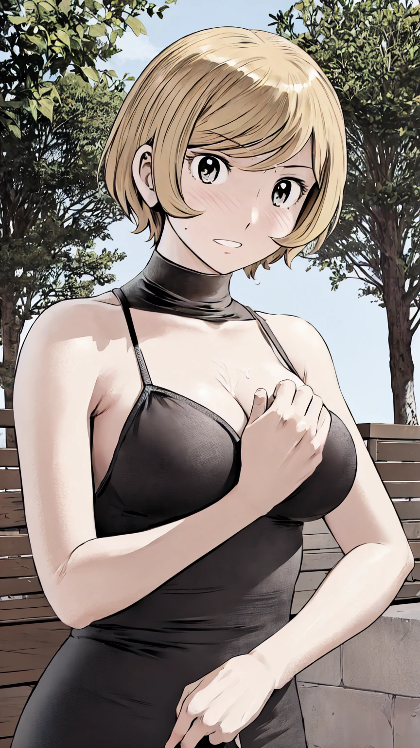 、(masterpiece、Highest quality)、Highest quality, Ultra-high resolution, (((masterpiece))), alone, Sweat、Big eyes, Please show me your armpits, No sleeve、Outdoor、Floral dress、Composition from the front、(Cut the back hair short、short hair、blonde、woman)、Shortcuts、Embarrassed face、Cut your hair short、可愛いwomanの子、Big Breasts