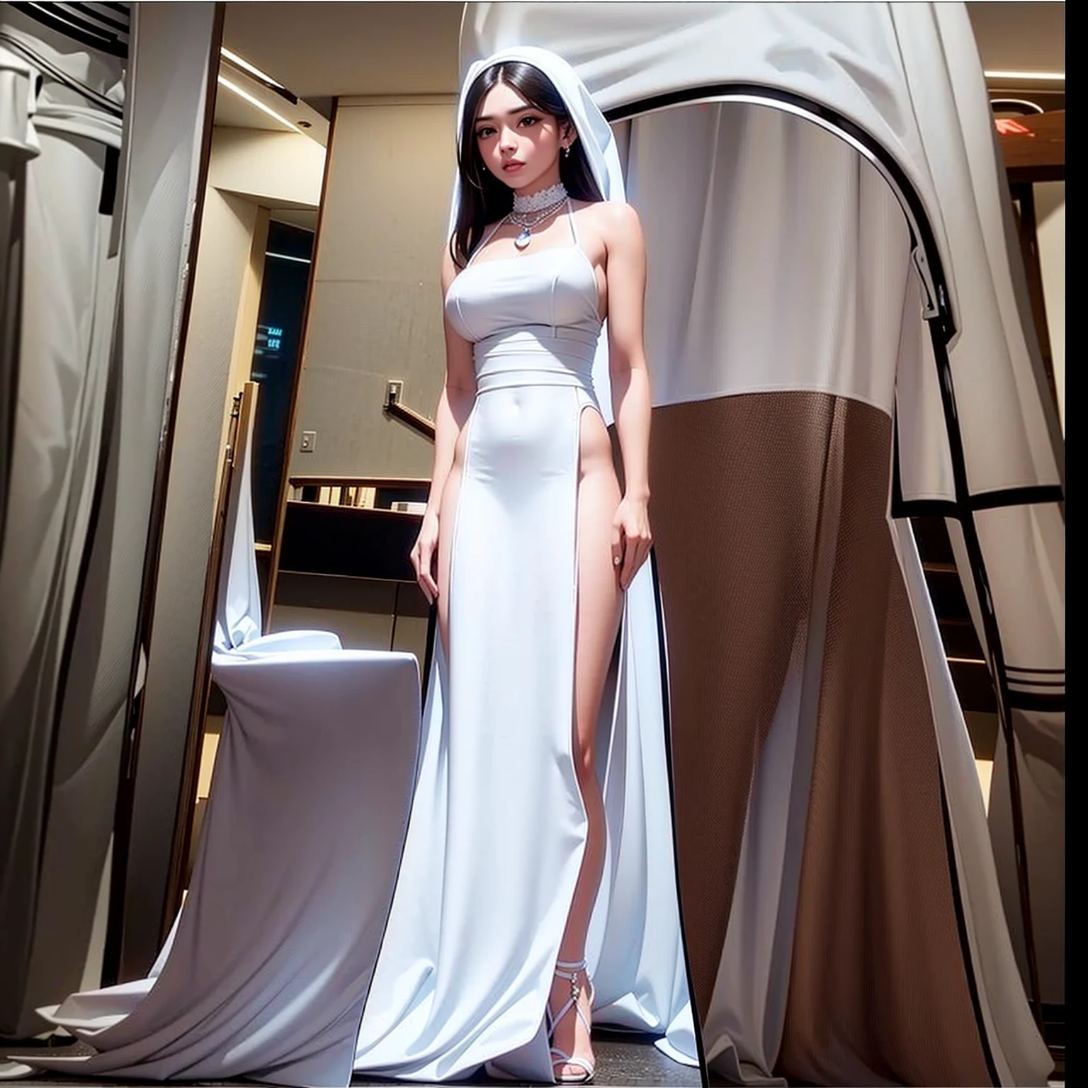 araffe woman in a white dress standing in a restaurant, white gown, sexy gown, long white dress, wearing long gown, full body white dress, in a long white dress, wearing white dress, elegant white dress, wearing a white flowing dress, wearing an evening gown, wearing an elegant dress, beautiful long white dress, wearing along white dress