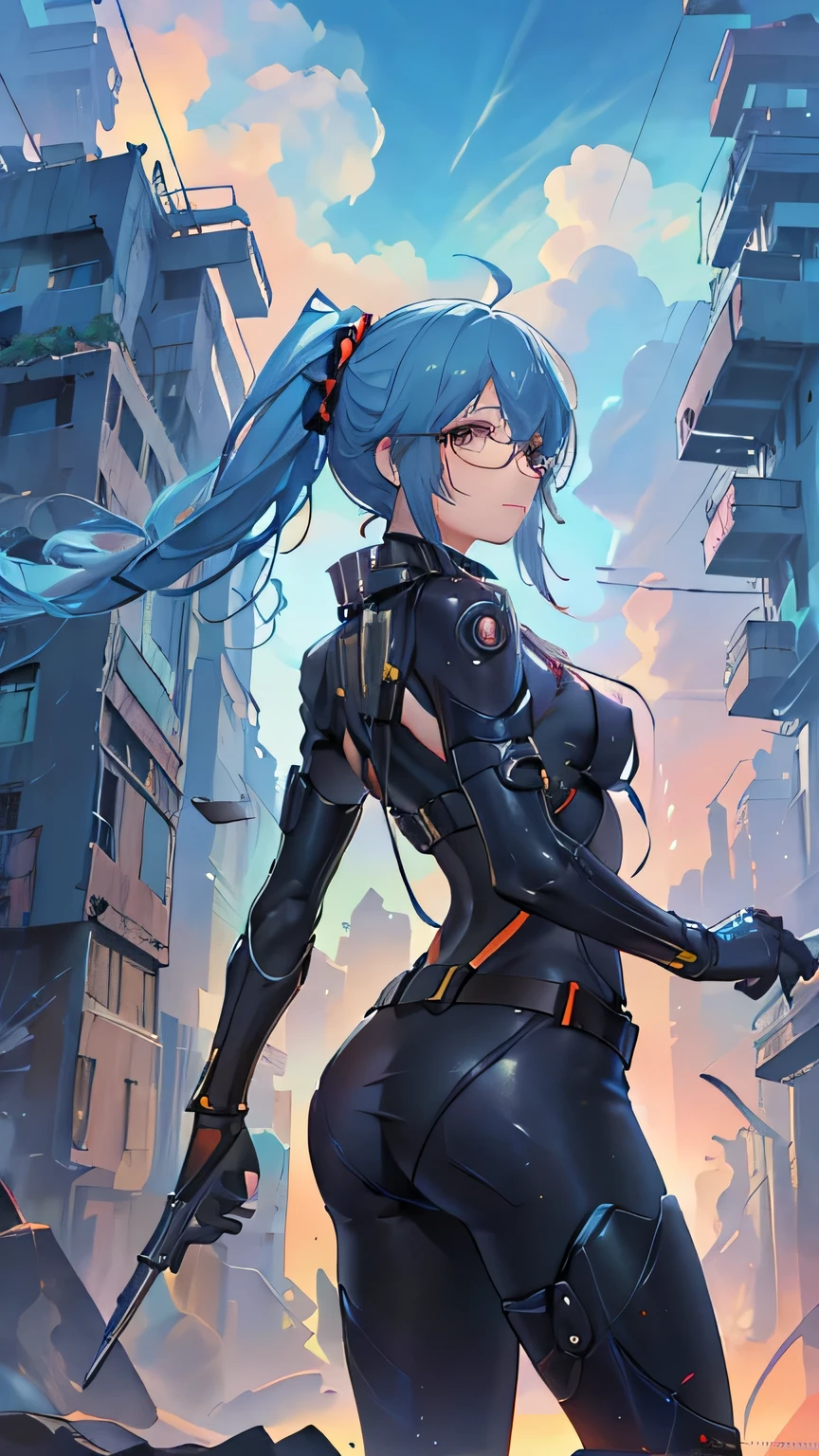 beautiful face, best quality, ultra high resnatural light, shiny skin, detailed skin, detailed face, detailed eyes, beautiful lady, blue hair, split ponytail, big hair, mole under eye, bespectacled, A scene from a science fiction movie, background(Abandoned futuristic city), a body-hugging navy metal suit, thick belt, cowboy shot
