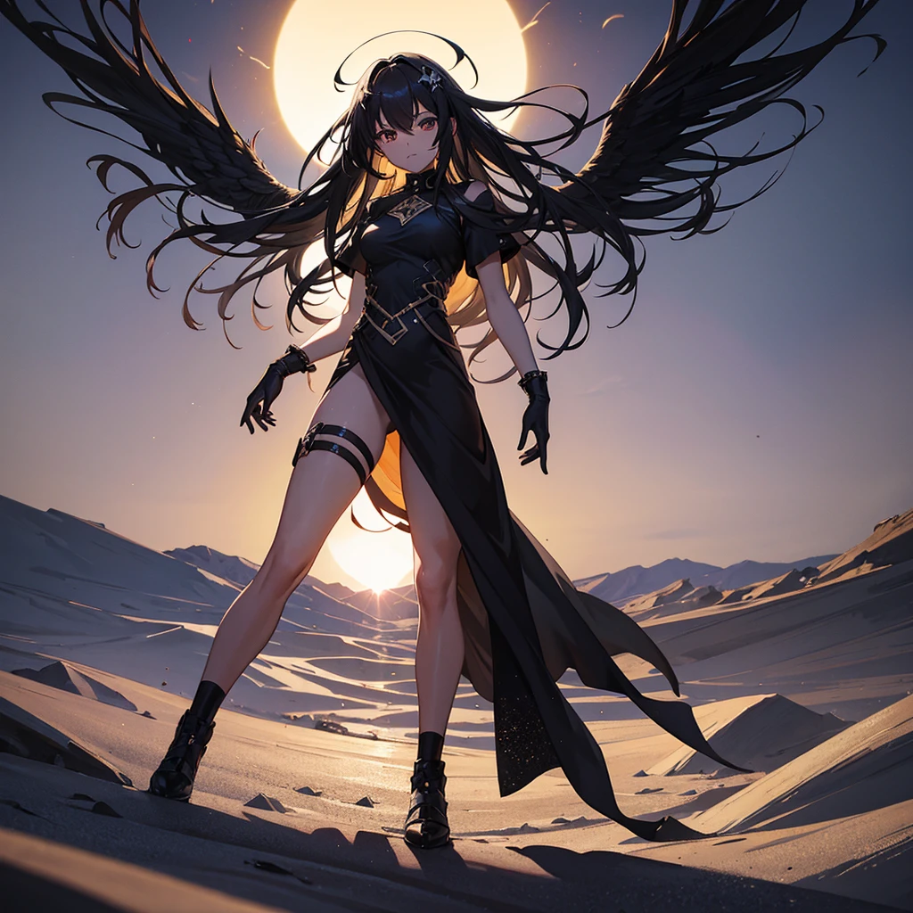 A black angel in the middle of the desert, during an eclipse, character in the center of the image