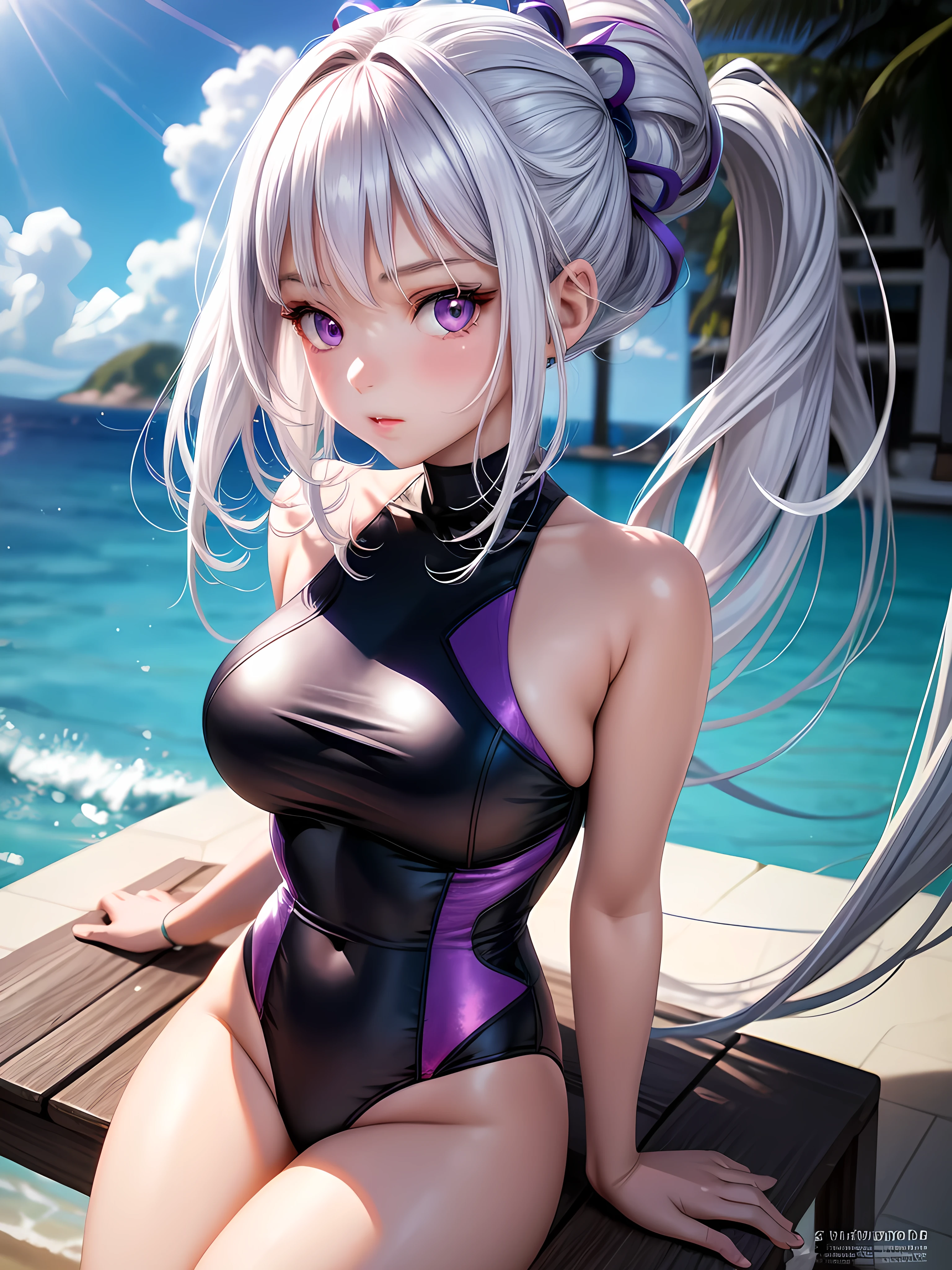 beautiful young girl, anime style, detailed face, white hair, purple eyes, wearing a stylish swimsuit, highly detailed and vibrant, relaxing background, summer vibe, beach or poolside, high quality, highly detailed, 8k resolution, cinematic lighting, best quality, vibrant colors, Instagrammable, aesthetic, trendy