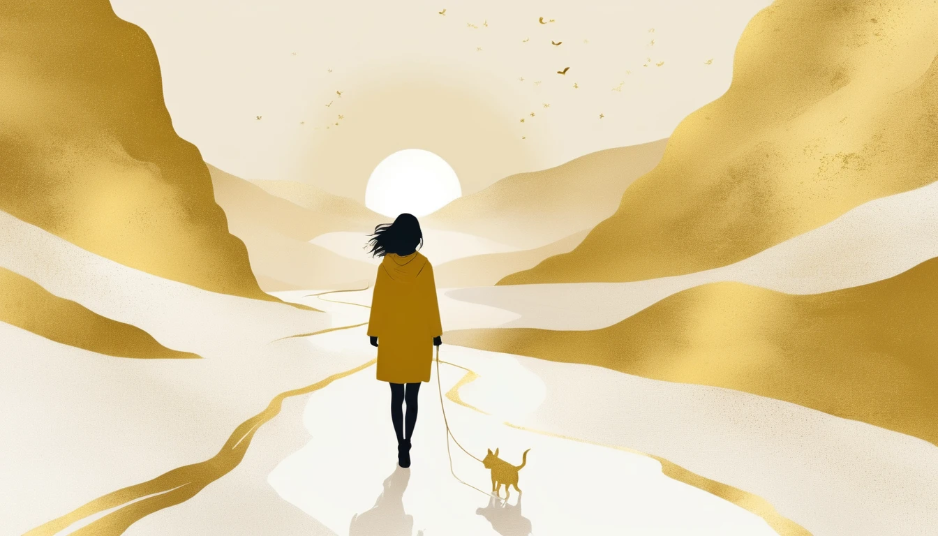 a Minimalist journey,gold,1girl,illustration