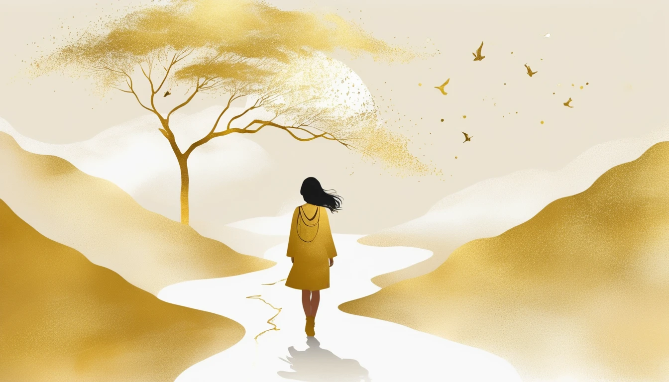 a Minimalist journey,gold,1girl,illustration