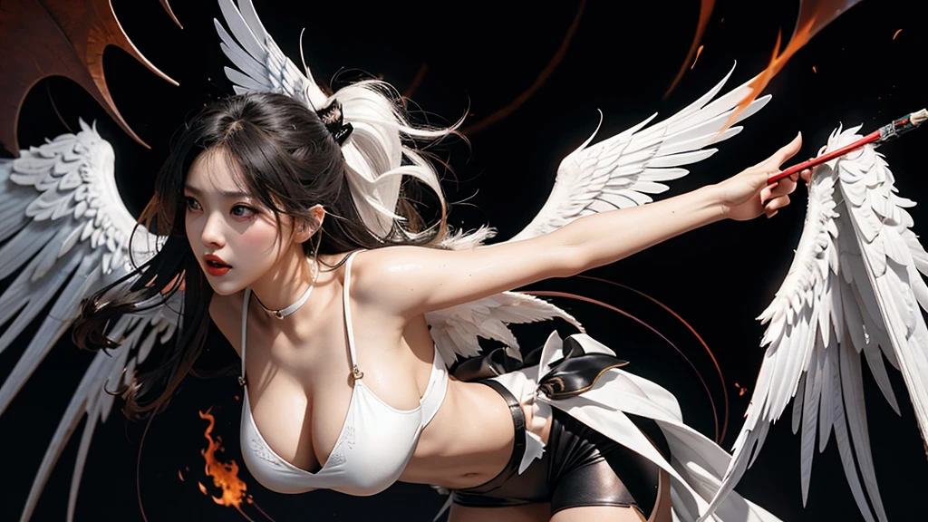 throng, god war, fight, army, The lost god, Angel Wings and Demon Lord Wings, fightบนท้องฟ้าของเทพและมาร, (Realistic picture, high resolutionสุด, 16K), (A demon god with wide wings and enormous power on his shoulders..., Twelve wings on the shoulders., black bat wings:1.white angel wings 3 อัน:1.5), long hair, Thick hair, Two meters long, floor length, (สาวสวยlong hairสองเมตร, shiny black hair, Smooth white skin, very red lips), ((stand, already)), (หน้าอกbig), (gigantic breast, small waist, hips raised, small thighs, Long legs), (dynamic poses), Separate theme, (Angel wings and devil wings), floating in the air above the ground, background darkness, Embraced with twelve wings, ปีกSeparate themeชัดเจน, Angel wings and devil wings, white and black wings, ทรงสวมมงกุฏขนาดbig, The busiest breasts, big , Porn, just, exposed body, tight, All smooth., see the whole body, full body image, War of Gods and Demons, angel and devil, Wrestling, strength test, Heaven and Hell, fightมากานิเมะ, white angel wings, black bat wings, White snow and red skyเกิดขึ้นอย่างรวดเร็ว, "(best quality, 4K, 8ก, high resolution, Masterpiece:1.2), very detailed, (realism, fotorrealism, fotorrealism:1.37), angel and devil, Wrestling, strength test, Heaven and Hell, fightมากานิเมะ, Woe to the white angel!, black bat wings, White snow and red sky, [illustration], [dynamic elements], [Fantasy], [fightครั้งยิ่งbig], [strong emotions], [hot atmosphere], [Colossal force], Portrait, terrain, Sharp focus, physical representation, professional, bright colors, Bokeh, Saturated tones, [incredible light], Tight leather suit