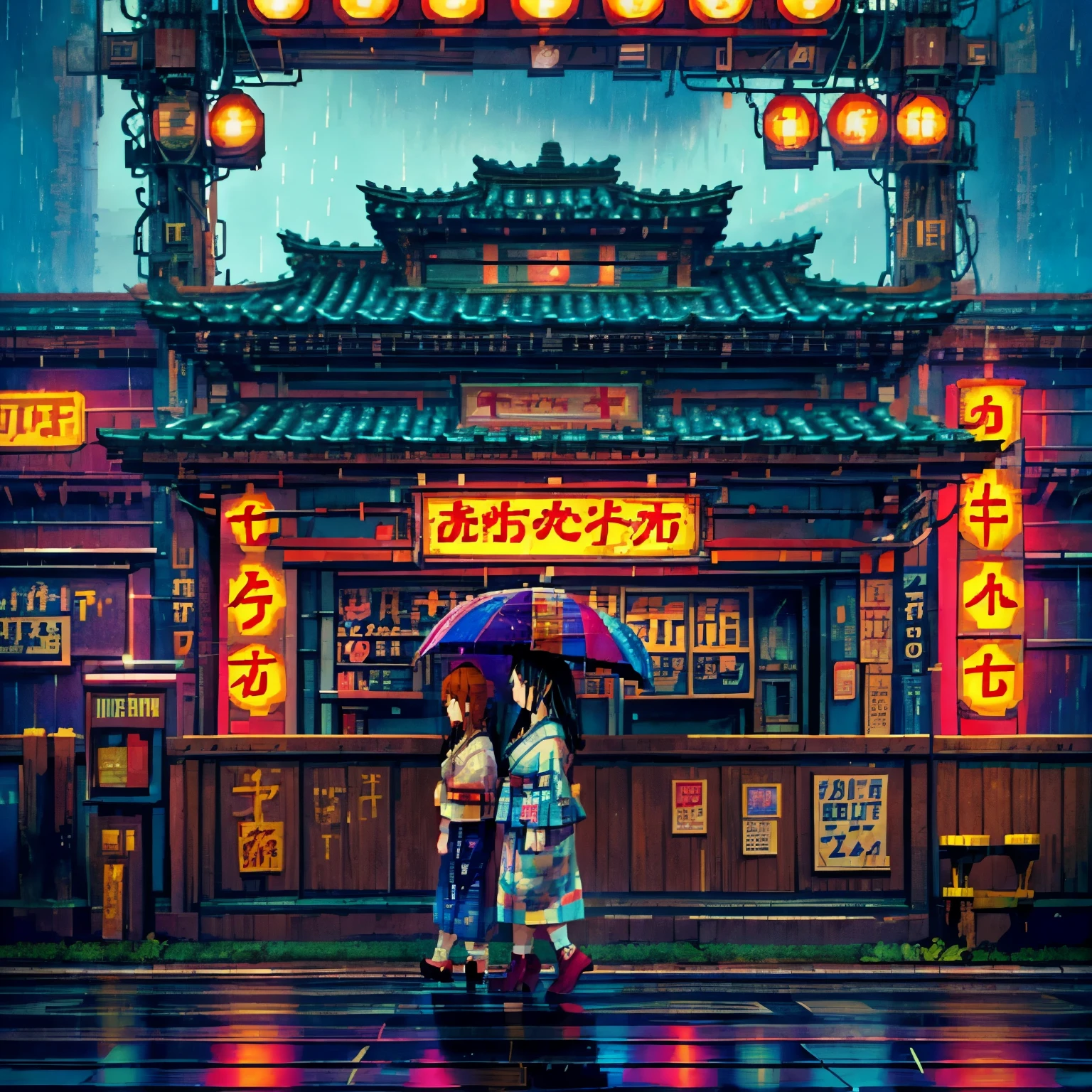 (best quality,8k,highres, masterpiece:1.2), (anime style),ultra-detailed, HDR, UHD, studio lighting, ultra-fine painting, sharp focus, physically-based rendering, extreme detail description, professional, vivid colors, bokeh, portraits, concept artists, warm color palette, dramatic lighting,rainy night,1 beautiful woman,(blue checkered pattern kimono),side view,walking japanese street,twinkled neon sign,Heavy rain, rain shining on neon signs,dark night,holding an umbrella,