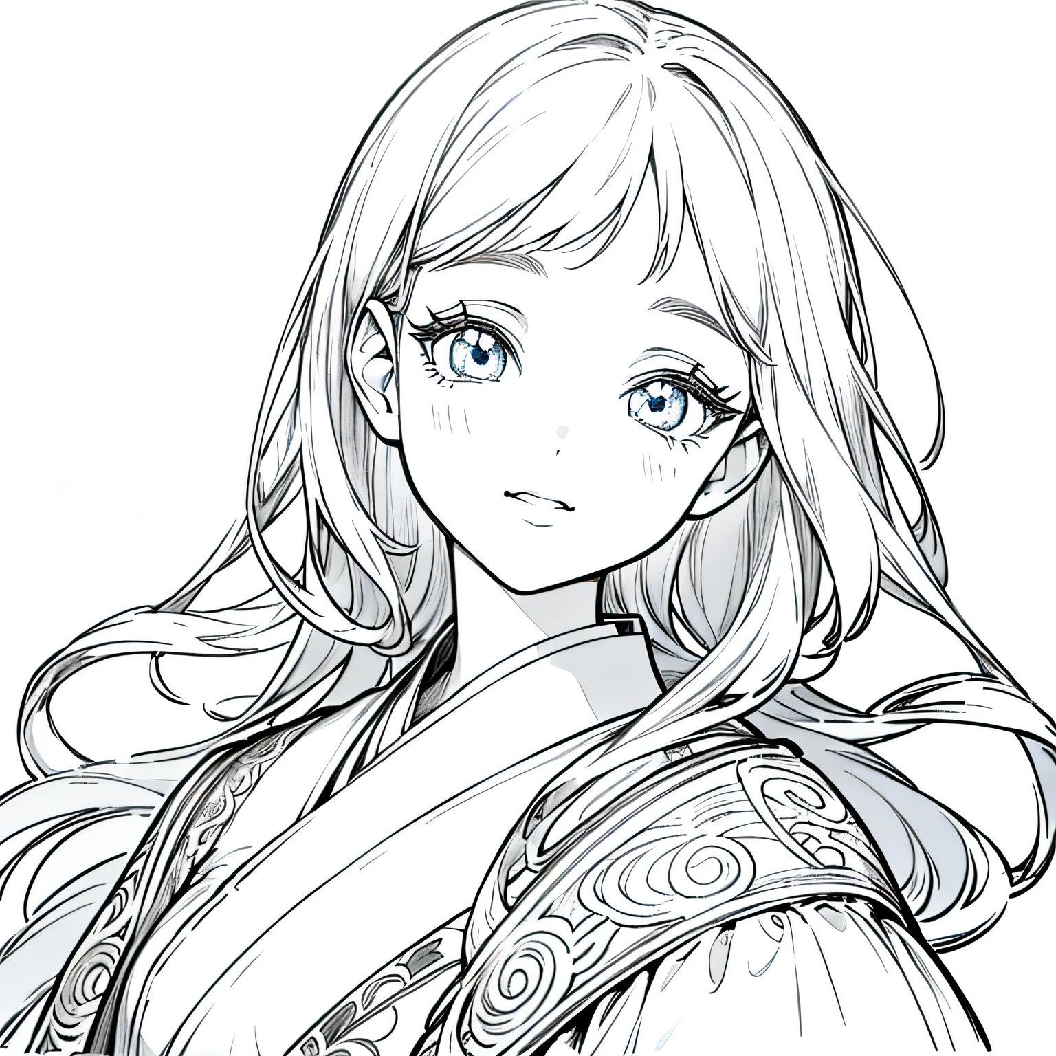 detailed face, ((masterpiece)), beautiful detailed eyes, beautiful detailed lips, extremely detailed eyes and face, long eyelashes, A young girl with bright eyes and a cheerful demeanor, She wears a traditional Japanese outfit with soft, flowing lines and light motifs, (simple background, white background:1.3), (masterpiece:1.2), (highest quality:1.3)