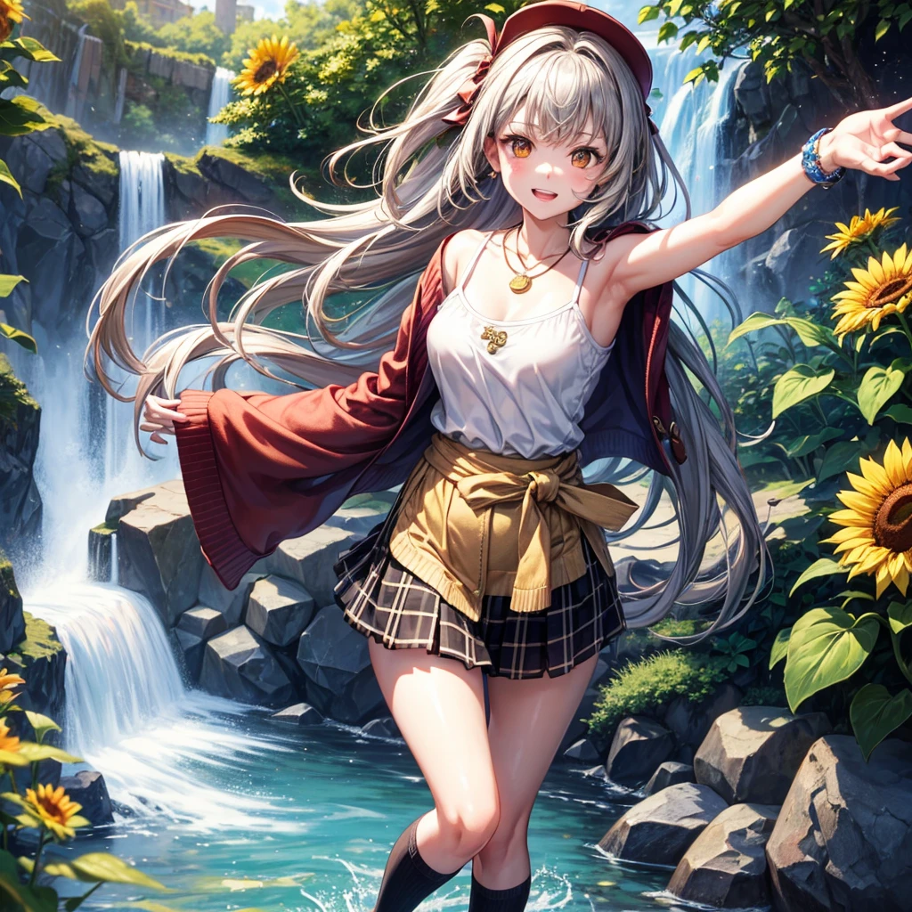 Red, brown, gold, gold hair、Golden Eyes、Hair tied up、One good looking girl、solo、anime、Checkered mini skirt、Ruffles on the skirt、camisole、Lightweight cardigan、Black knee-high socks、Wearing a baseball cap、Ribbon、Ribbon on waist、Teeth are visible、Silver coin necklace、From above、Sunflower Tunnel、Cobblestones、waterfall、Clear Stream、Have sunflowers、Midnight Moon、Winding Road、Unlocking、suspension bridge、A large number of soap bubbles are flying