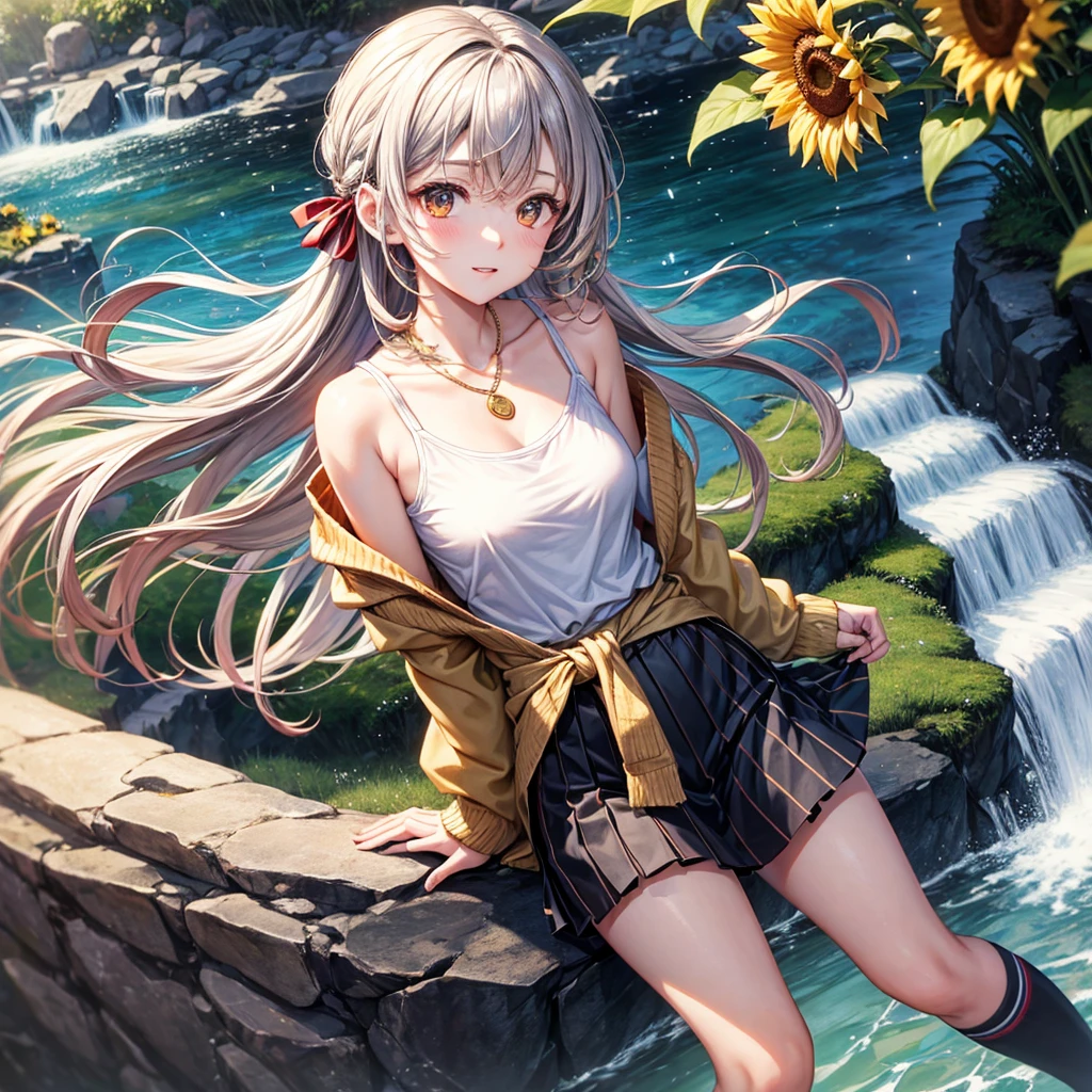 Red, brown, gold, gold hair、Golden Eyes、Hair tied up、One good looking girl、solo、anime、Checkered mini skirt、Ruffles on the skirt、camisole、Lightweight cardigan、Black knee-high socks、Wearing a baseball cap、Ribbon、Ribbon on waist、Teeth are visible、Silver coin necklace、From above、Sunflower Tunnel、Cobblestones、waterfall、Clear Stream、Have sunflowers、Midnight Moon、Winding Road、Unlocking、suspension bridge、A large number of soap bubbles are flying