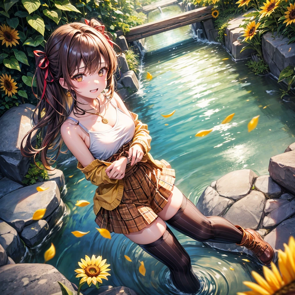 Red, brown, gold, gold hair、Golden Eyes、Hair tied up、One good looking girl、solo、anime、Checkered mini skirt、Ruffles on the skirt、camisole、Lightweight cardigan、Black knee-high socks、Wearing a baseball cap、Ribbon、Ribbon on waist、Teeth are visible、Silver coin necklace、From above、Sunflower Tunnel、Cobblestones、waterfall、Clear Stream、Have sunflowers、Midnight Moon、Winding Road、Unlocking、suspension bridge、A large number of soap bubbles are flying