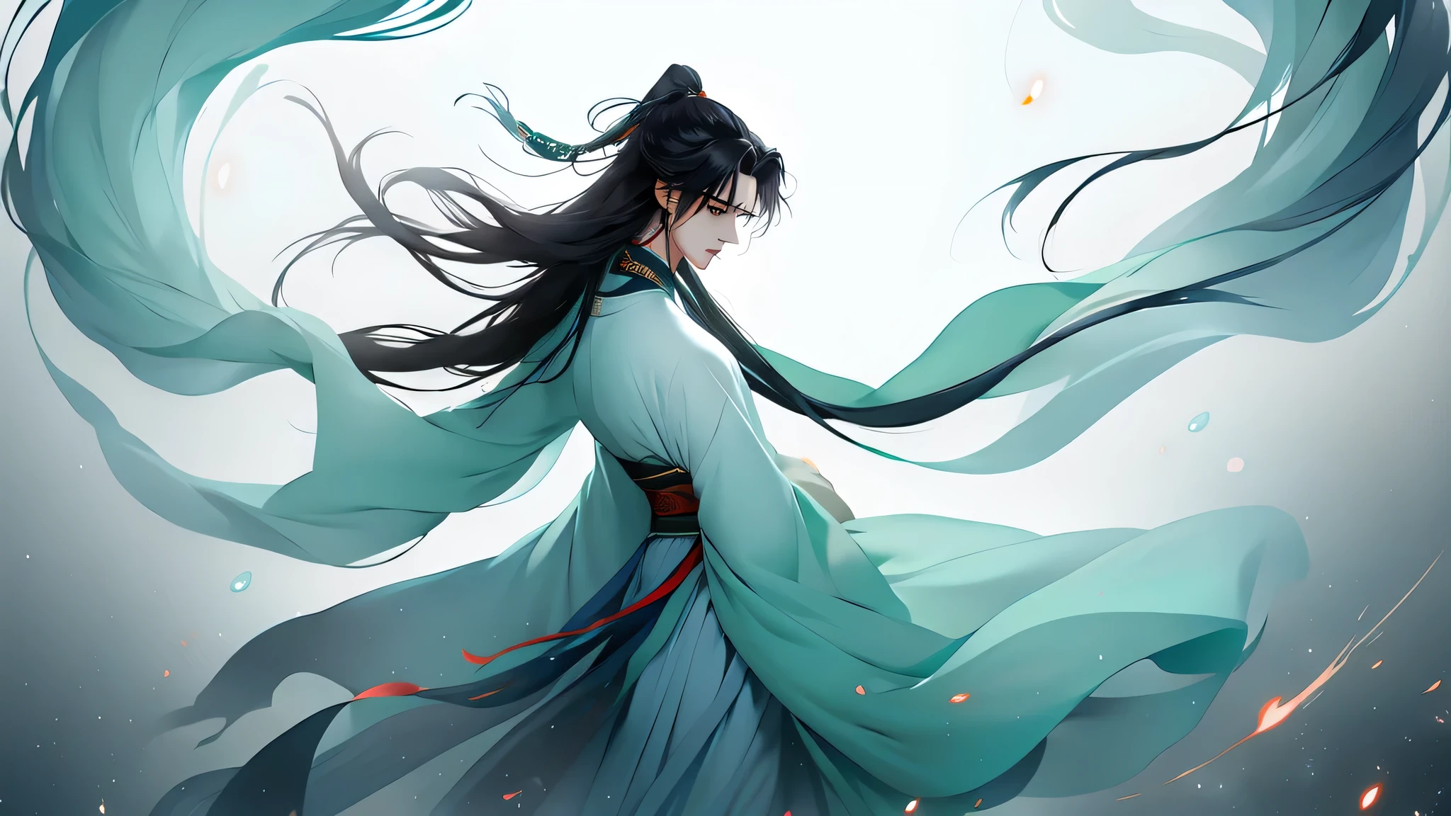 Two oriental men in gorgeous Hanfu,Long hair flying,Immortal's Appearance,Full body medium shot,Staring at each other firmly,Ethereal beauty,Heavenly Wonderland,The palace gardens shrouded in mist,Soft lighting,Exquisite details。