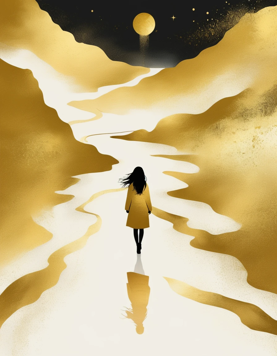 a Minimalist journey，gold，1girl，illustration