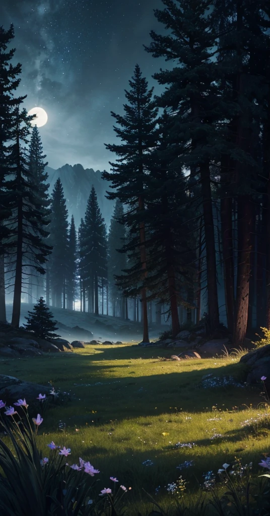 a highly detailed, comforting moonlit meadow in a lush forest at night, dark colors, dark peaceful atmosphere, moonlight, night sky, stars, dense old trees, mossy rocks, long grass, wildflowers, beautiful detailed eyes, beautiful detailed lips, extremely detailed eyes and face, long eyelashes, realistic, photorealistic, photo-realistic:1.37, best quality,4k,8k,highres,masterpiece:1.2,ultra-detailed, landscape, dramatic lighting, moody, cinematic, muted colors, deep shadows, glowing moonlight, mystical, ethereal, serene