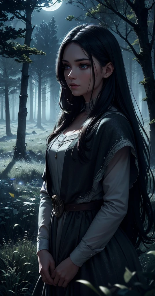 a highly detailed, comforting moonlit meadow in a lush forest at night, dark colors, dark peaceful atmosphere, moonlight, night sky, stars, dense old trees, mossy rocks, long grass, wildflowers, beautiful detailed eyes, beautiful detailed lips, extremely detailed eyes and face, long eyelashes, realistic, photorealistic, photo-realistic:1.37, best quality,4k,8k,highres,masterpiece:1.2,ultra-detailed, landscape, dramatic lighting, moody, cinematic, muted colors, deep shadows, glowing moonlight, mystical, ethereal, serene