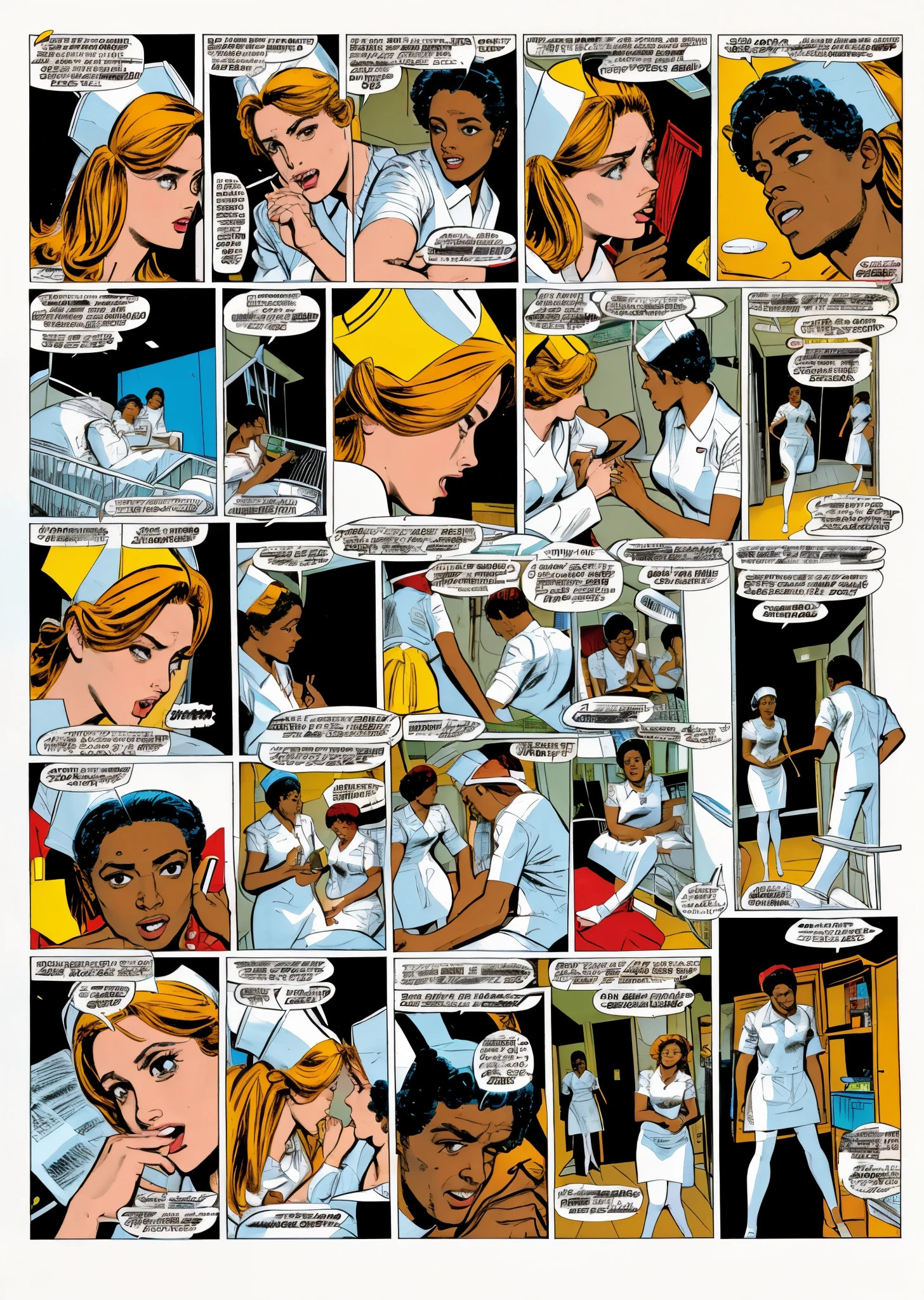 nursecomics, comic book page, multi-panel layout, nurses treating patients, diverse characters, action, Dudley Moore, romance, hospital, 