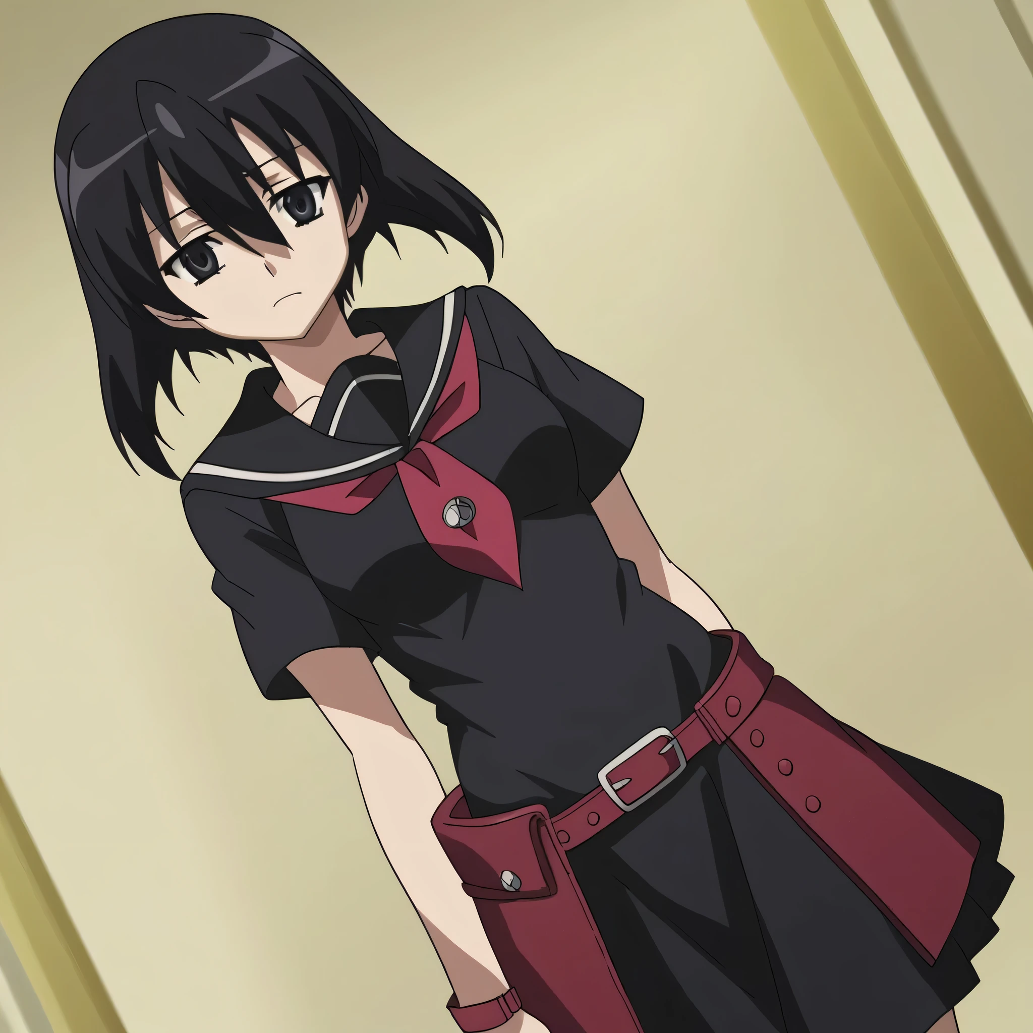 score_9, score_8_up, score_7_up, source_anime, anime screencap,
agkkurome,
kurome, short hair, black hair, black eyes, hair between eyes,
skirt, , serafuku, belt, black serafuku, short sleeves, belt, black skirt, neckerchief, red neckerchief,
cowboy shot, solo, dutch angle, looking at viewer,
