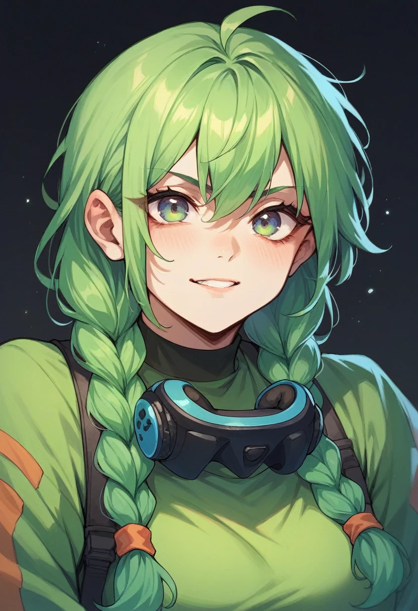 Free fire gamer style female character. With hair with two braids. In a green outfit with black background