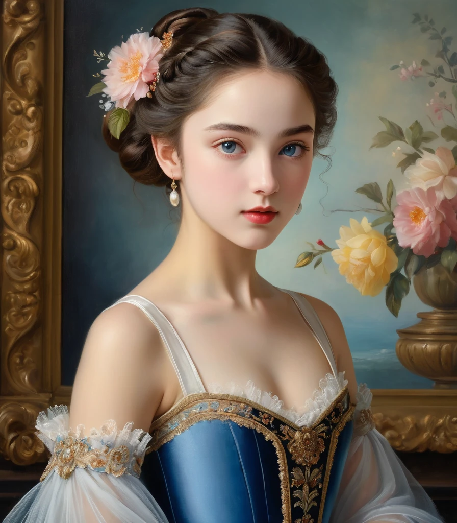 (highres,masterpiece:1.2),(realistic:1.37)"(best quality, highres, ultra-detailed, realistic),beautiful 19th-century portrait of a -yeld Frh ballet dancer, (She is half French and half Japanese, and is a stunning beauty with dark blue eyes and a high nose:1.1), elaborate ballet costume, detailed facial features, long graceful neck, flowing locks of hair, poised and elegant posture, soft and delicate lighting, classic oil painting medium, vibrant colors, subtle background with floral motifs", dreamy atmosphere, Surrealism,mystical aura