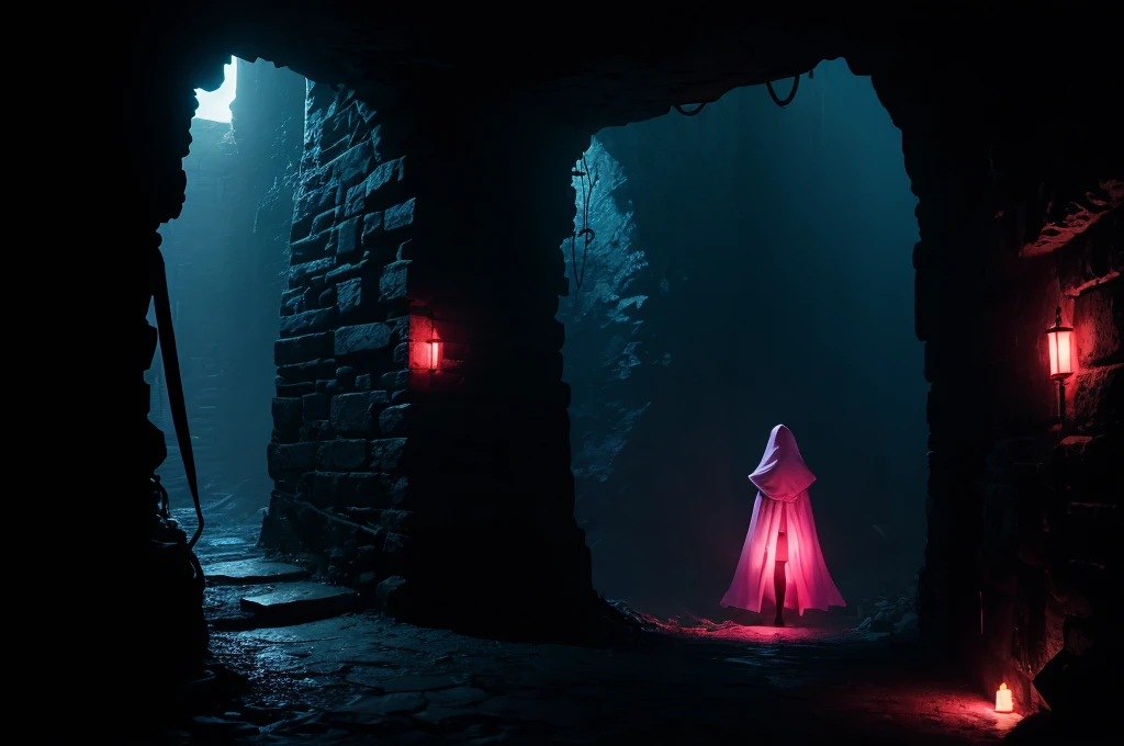 small cloaked girl explores dungeon, from behind, back shot, dark stone passage, fantasy dungeon, dim pink and blue lighting, white slime, mist, low contrast, dark, chains, stonework, enclosed passage, eyes glowing in the distant darkness