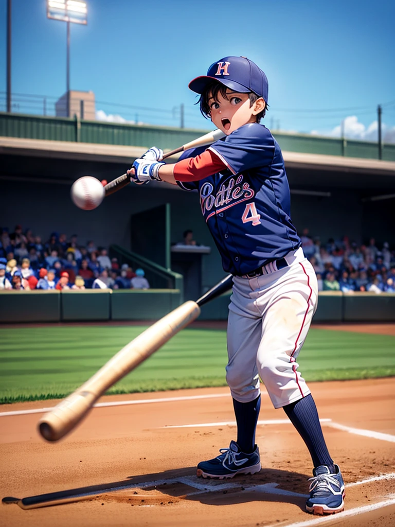 Highest quality,Highest Resolution,Game at the baseball stadium,Boy playing baseball,strike,A large audience,Batter Box,