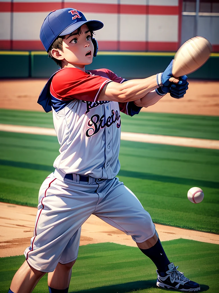 Highest quality,Highest Resolution,Game at the baseball stadium,Boy playing baseball,strike,A large audience,Batter Box,
