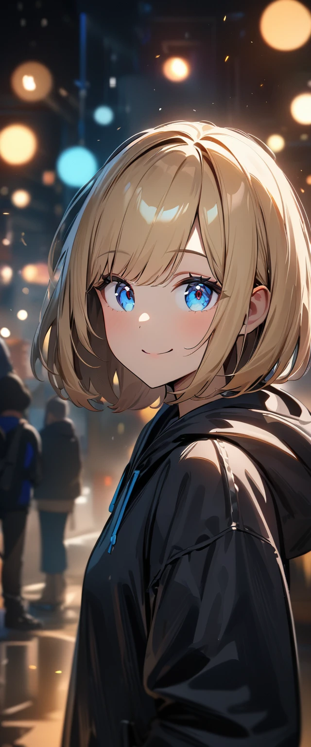 (((One girl))), Shibuya, blond hair, bob cut, ((face in focus)), (looking at viewer), breasts, teenager, head tilt:1.3, (((blue eye))), constricted pupils, (from side), hand in pocket, ((happy smile)), black hoodie:1.3, black shorts:1.3, anime style, (best quality, 4k, 8k, highres, masterpiece:1.2, ultra-detailed, ultra-detailed eyes, HDR, UHD, studio lighting, ultra-fine painting, sharp focus, physically-based rendering, extreme detail description, professional, vivid colors, bokeh)