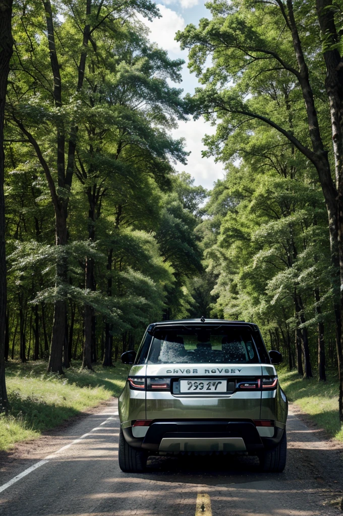 A range rover discovery is going to the road and road is surrounded by so many trees