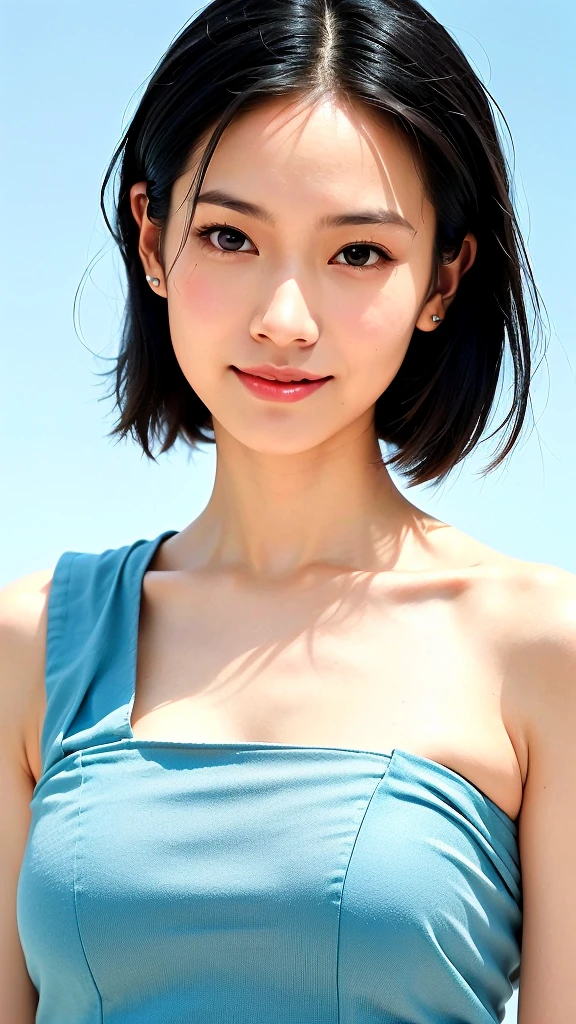 (1 woman:1.5)、(Wide forehead、Very short hair、Very small amount of hair、Forehead、Wolf Hair:1.1)、A happy expression with a slight tan、A soft smile、(Light blue dress),((Very sleepy、Improves skin texture, A big smile、Narrow eyes、Weak eyesight、Weak eyeliner、I know the shape of your head))、(slicked back hair:1.25)、Photographic, Raw photo, Mastepiece, Highly detailed photos, Digital SLR, Photo-realistic 1.4, Super hello nothing, Best Quality,(standing、tilting your head、whole body:1.5)