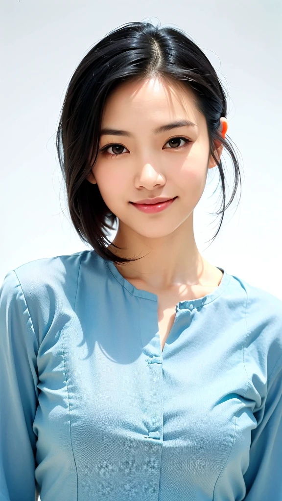 (1 woman:1.5)、(Wide forehead、Very short hair、Very small amount of hair、Forehead、Wolf Hair:1.1)、A happy expression with a slight tan、A soft smile、(Light blue dress),((Very sleepy、Improves skin texture, A big smile、Narrow eyes、Weak eyesight、Weak eyeliner、I know the shape of your head))、(slicked back hair:1.25)、Photographic, Raw photo, Mastepiece, Highly detailed photos, Digital SLR, Photo-realistic 1.4, Super hello nothing, Best Quality,(standing、tilting your head、whole body:1.5)