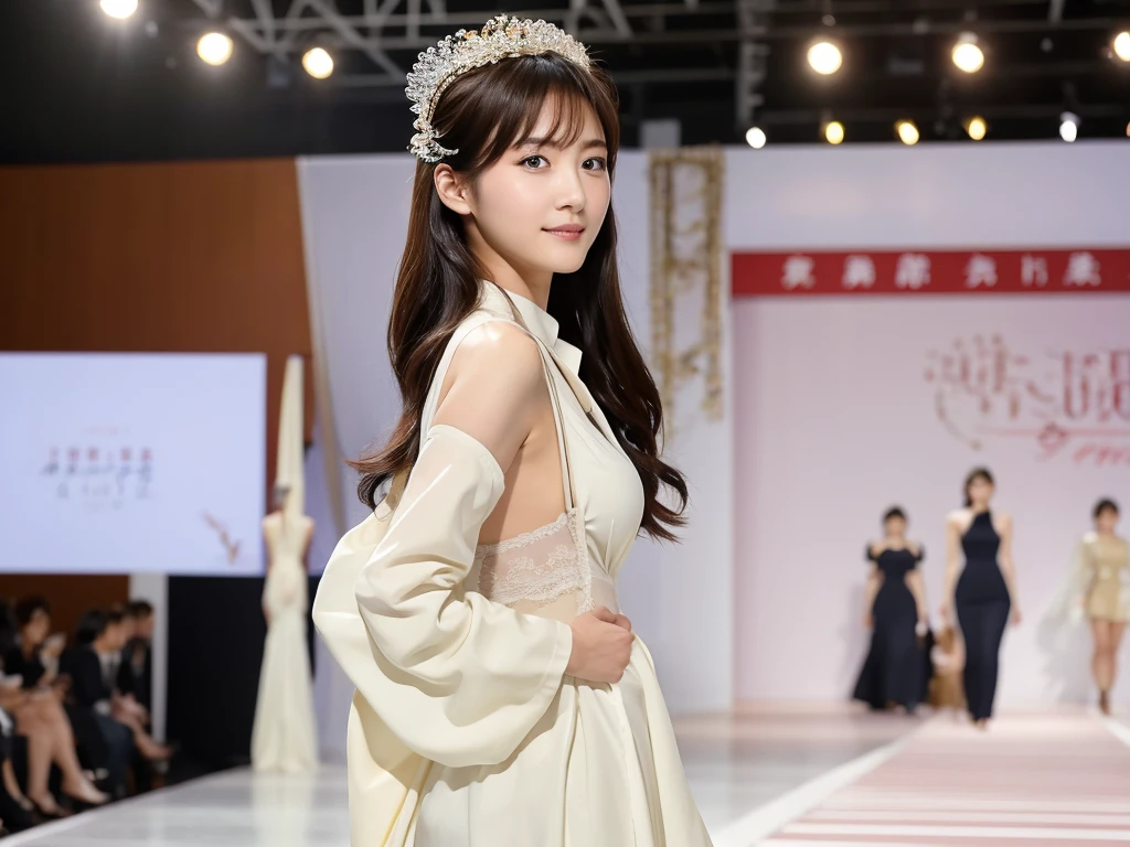 A live-action photo of an extremely beautiful Japanese high school girl race queen who highlights her large breasts and beautiful legs.、She was photographed walking down the runway at a fashion show wearing the latest Laura Lingerie underwear.、She is an eternal idol who combines a clean look with modern charm.。 She creates such beauty。 She feels her own warmth。 She creates a warm atmosphere。 We create beauty。 That's what I want to say。 In her full body photo、The figure features porcelain-like skin and golden hair that radiates a soft glow.。 This is probably、It captured the essence of her timeless charm.、This is the best shot ever.。 Each straight line and curve is carefully expressed.、Breathtakingly beautiful with impeccable detail。 This piece perfectly captures her timeless beauty.。 Divine Proportions、Sharp focus、Full-body photo taken by Kishin Shinoyama、high quality、High resolution、Detailed Background