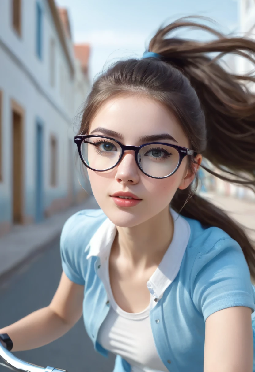 Beautiful girl with glasses. realism. High Definition. riding a light blue bicycle.