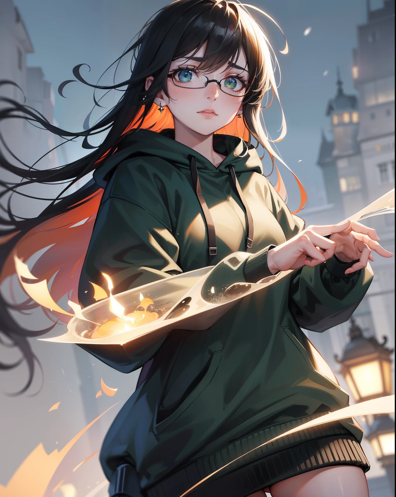 Best quality, volumetric lighting, cinematic lighting, masterpiece, ultra high res, 4k, (soft round detailed face), (sad expression), (detailed green eyes), bags under eyes, thick eyebrows, depressed, melancholy, (wearing rounded glasses), (very pale light skin), detailed black hair, ((long messy greasy hair)), (plain black hoodie), black stud earrings, black nail varnish, unwashed, unkempt, disheveled, sodium streetlamps, midnight, dark clouds, London, snow