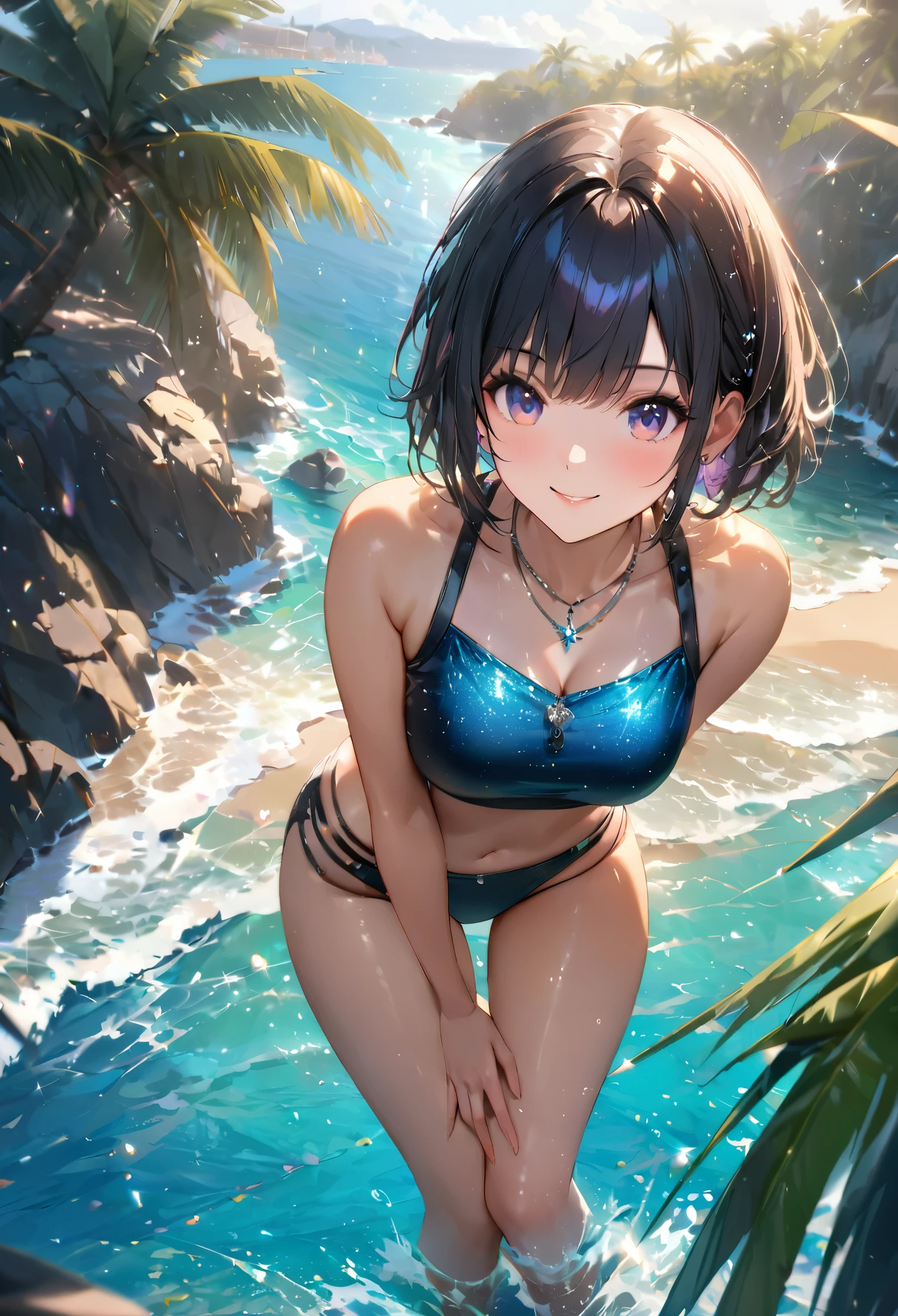 Sparkling sea and tropical ocean, Sunny sky with fluffy white clouds, Palm trees along the coast, Blur the background,Pleasant sea breeze,high school girl,Swimwear,short hair,smile,Glitter effect,Highest quality, 4K, 8K, High resolution, masterpiece:1.2, Very detailed, Realistic:1.37, High resolution, 超High resolution, Ultra-fine painting, Very detailed, Professional, Vibrant colors