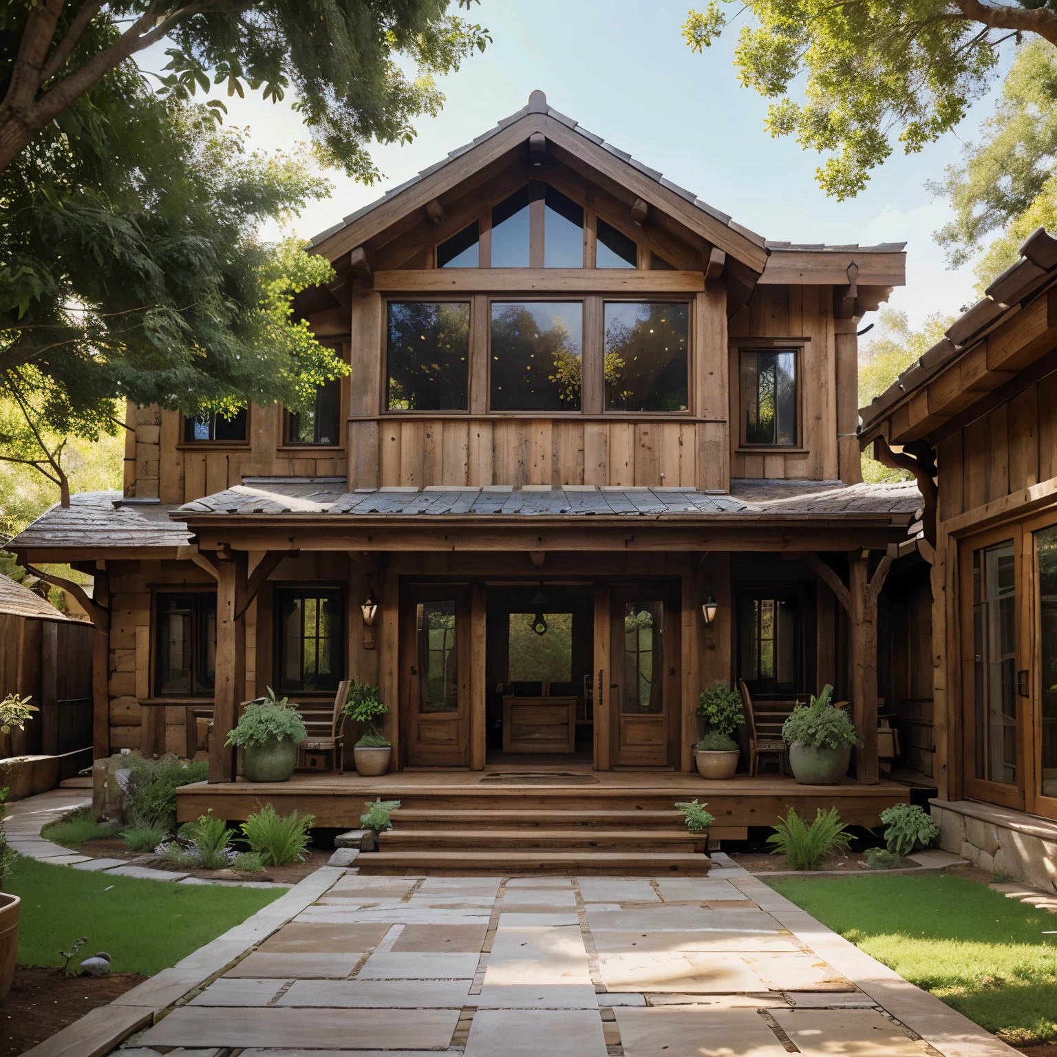 Rustic style wooden house, wooden walls - glass windows - glass doors - tile roof, garden - walkway - vegetation - shade trees, daytime