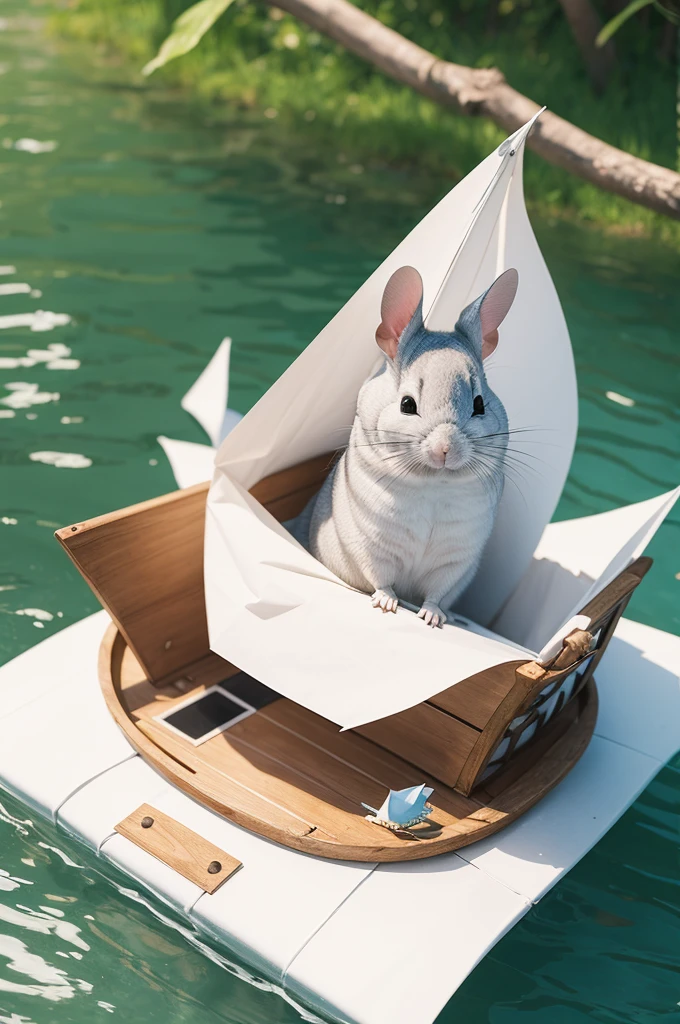 White chinchilla sailing in a paper boat.