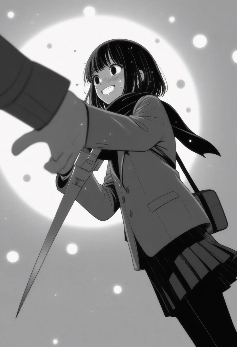 masterpiece, best quality, 1girl, mamerakkkkko, grayscale, manga style, japanese, chi no wadachi, black eyes, street, iced, black hair, schoolbag, smile, lineart, black coat, black scarf, black pleated skirt, leggings, centered, 18 years old, tall, fair skinned, bokeh background, crying, tears, tears streaming, bob cut, light particles, snowing, (((holding sword:1.1, perfect hand, detailed hand:1.1)), emotional anime scene
