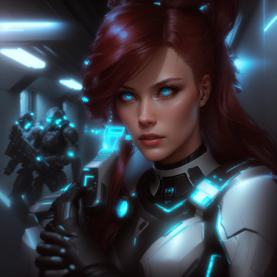 a woman in a futuristic suit holding a gun in a hallway, science fiction woman, Unreal 5. role portrait, science fiction woman, retrato de una science fiction woman, science fiction female character, portrait beautiful science fiction girl, epic sci fi character art, epic science fiction character art, science fiction character, epic sci fi character art