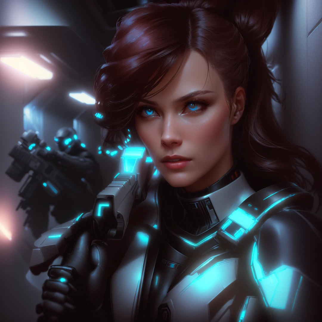 a woman in a futuristic suit holding a gun in a hallway, science fiction woman, Unreal 5. role portrait, science fiction woman, retrato de una science fiction woman, science fiction female character, portrait beautiful science fiction girl, epic sci fi character art, epic science fiction character art, science fiction character, epic sci fi character art