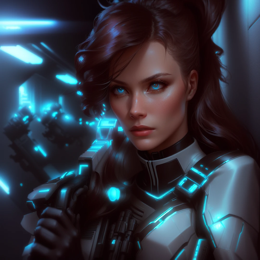 a woman in a futuristic suit holding a gun in a hallway, science fiction woman, Unreal 5. role portrait, science fiction woman, retrato de una science fiction woman, science fiction female character, portrait beautiful science fiction girl, epic sci fi character art, epic science fiction character art, science fiction character, epic sci fi character art