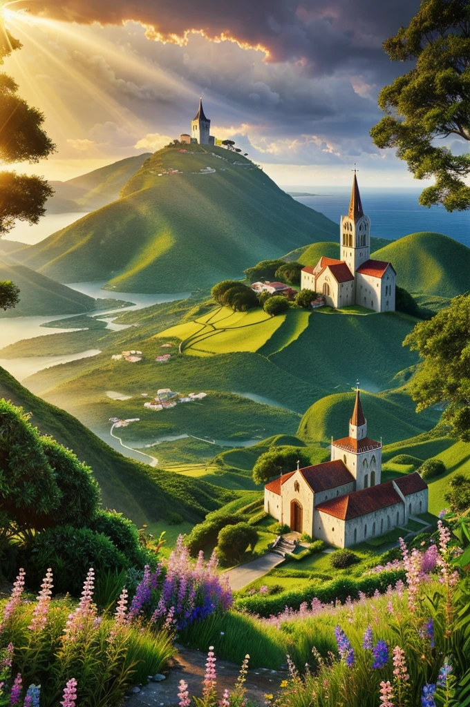 Medieval Catholic church on the mountain, View of the sea, surrounded by lush vegetation in a valley of flowers, rise sun, with rays of light, slightly misty day, Ultra -HD, 真实感, cinematic light, detailed back ground, swirly vibrant colors, conceptual artwork