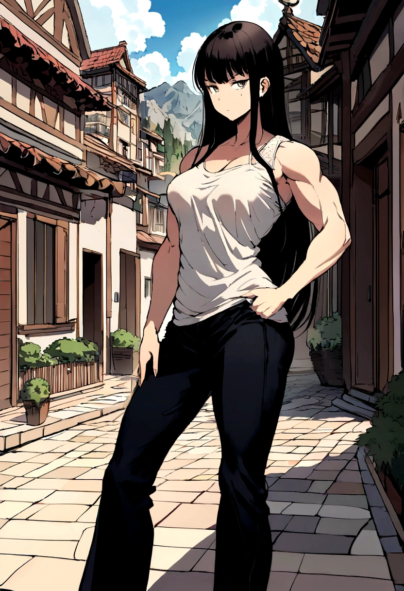 Create an image of a woman she has long straight dark hair, she doesn't wear a shirt and shows her medium breasts, wears dark pants and has a neutral face, she is a little muscular and defined, She doesn't wear a shirt or bra