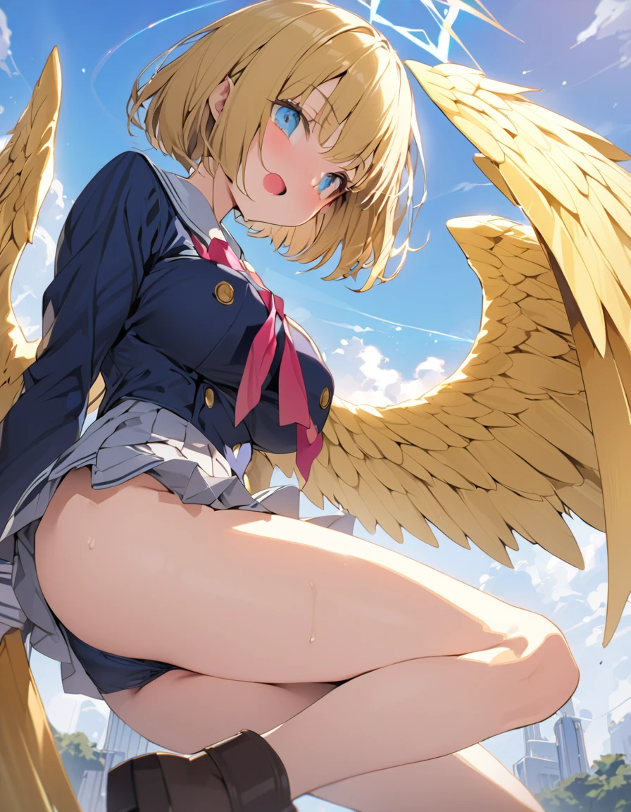 masterpiece Young Girl Navy blue magic school uniform Golden Wings (Short Bob Hair:1.4),(blue eyes) Big Breasts Kick