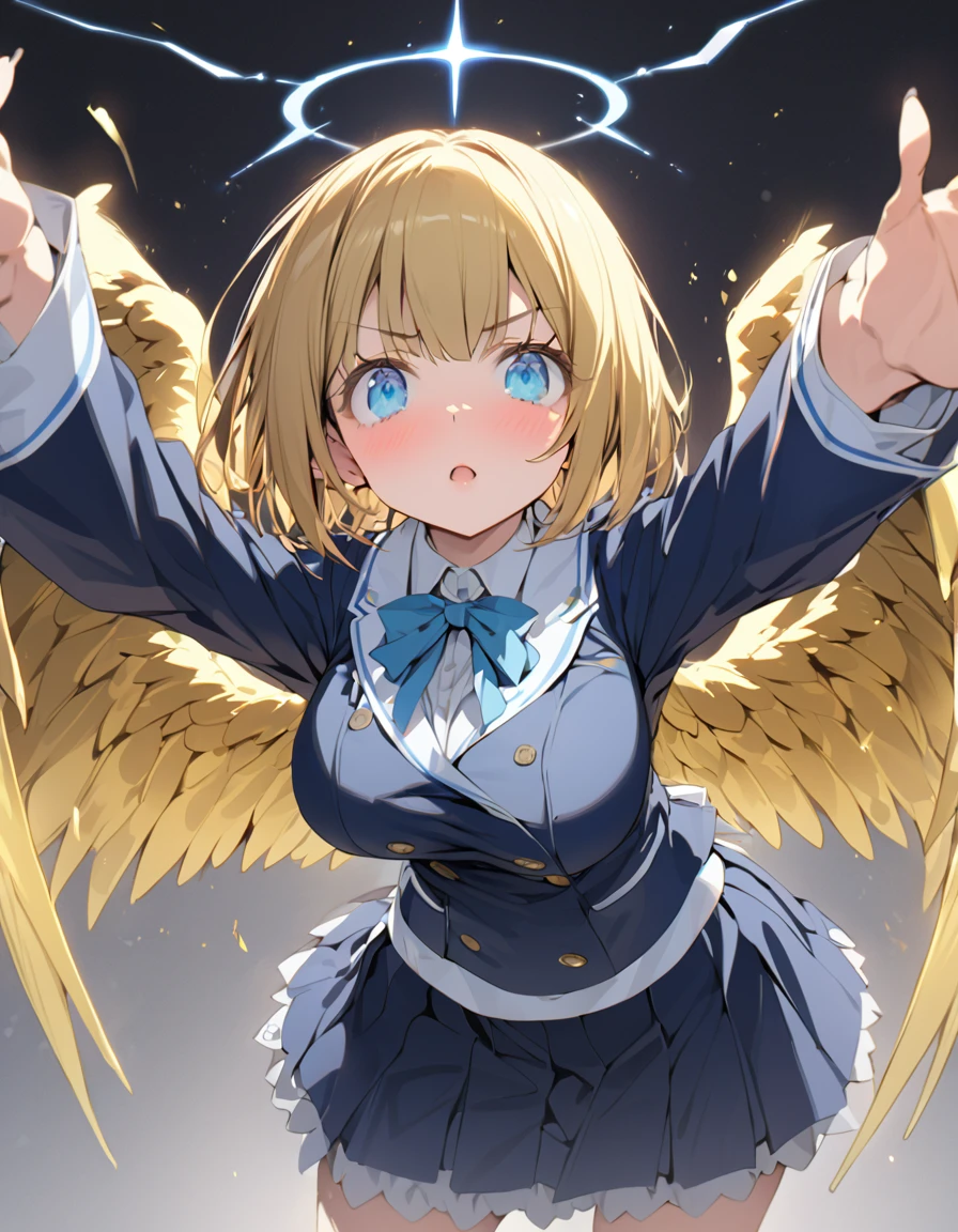 masterpiece Young Girl Navy blue magic school uniform Golden Wings (Short Bob Hair:1.4),(blue eyes) Big Breasts Kick