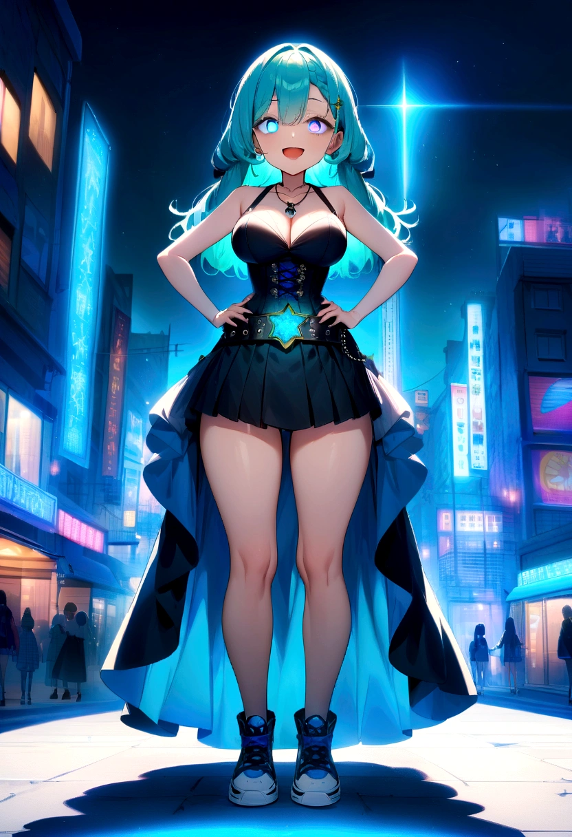 masterpiece, best quality, very aesthetic, absurdres, anime style, beautiful anime girl, 1girl, ((full body)), ((standing)), looking at viewer, sexy, cowgirl position, full body view (standing up:2), whole body view (from the feet to the head), showing elegant curves and elegant shapes, sexy, jewelry, light makeup, kawaii, waifu,
medieum-long hair, aquamarine hair, green hair (#117C8C), green colored inner hair (shiny), bright inner hair (green neon:1.5), one single braid, asymmetric bangs, gradient blue eyes (blue glow in eyes:2), happy, happy face (excited face:1.5), smiling, :), large breasts, top breasts, collarbone, bare shoulders, bare arms, stomach, abdomen, navel, necklace, corset, aquamarine corset, thighs, pleated skirt, sleeveless, punk belt, black miniskirt, bare legs, sleeveless, drawings of stars on the skirt, sneakers (skate shoes:2),
outdoors background (city), street background, (colorful street background), beautiful background, bright colors.