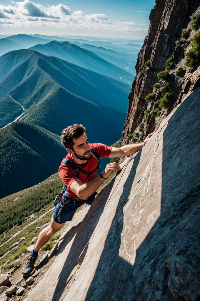 Realstic, potrait, beautiful,man climbing a big mountain