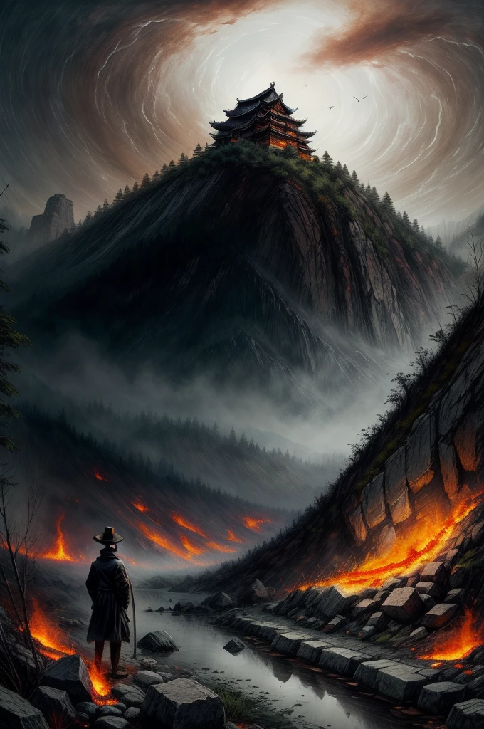 In the depths of the flames, A dark and mysterious world unfolds, A figure lingers there., Lost in a mysterious dreamscape of ancient Chinese city walls: surreal