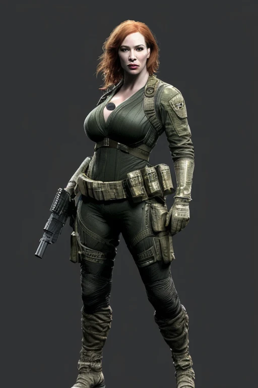 Christina Hendricks as an action hero, alluring 48 year old woman, High-quality facial research of Christina Hendricks, (Christina's sculpted cheekbones and slight wrinkles around the face), High-quality detailed research of Christina Hendricks voluptuous figure. ((aiming at the viewer with a gun)), skin-tight black leather suit, utility belt, two pistols, ((holding a handgun)), (((decent looking gun)))). Whole body, Casual pose, Beautiful pose, (Extremely detailed CG 8k wallpaper), (Extremely delicate and beautiful), (Masterpiece), (Best quality: 1.0), (Ultra-high resolution: 1.0), Beautiful lighting, Perfect lighting, Realistic shadows, [high resolution], Detailed skin, Super detailed (((Colorful))), Digital art, metal gear solid concept art, full body concept art, Expert concept art with high detail, concept-art，Such as Ernest Khalimov, fps game concept art, concept-art, craig mullins style, Video game concept art, 4K, full body portrait