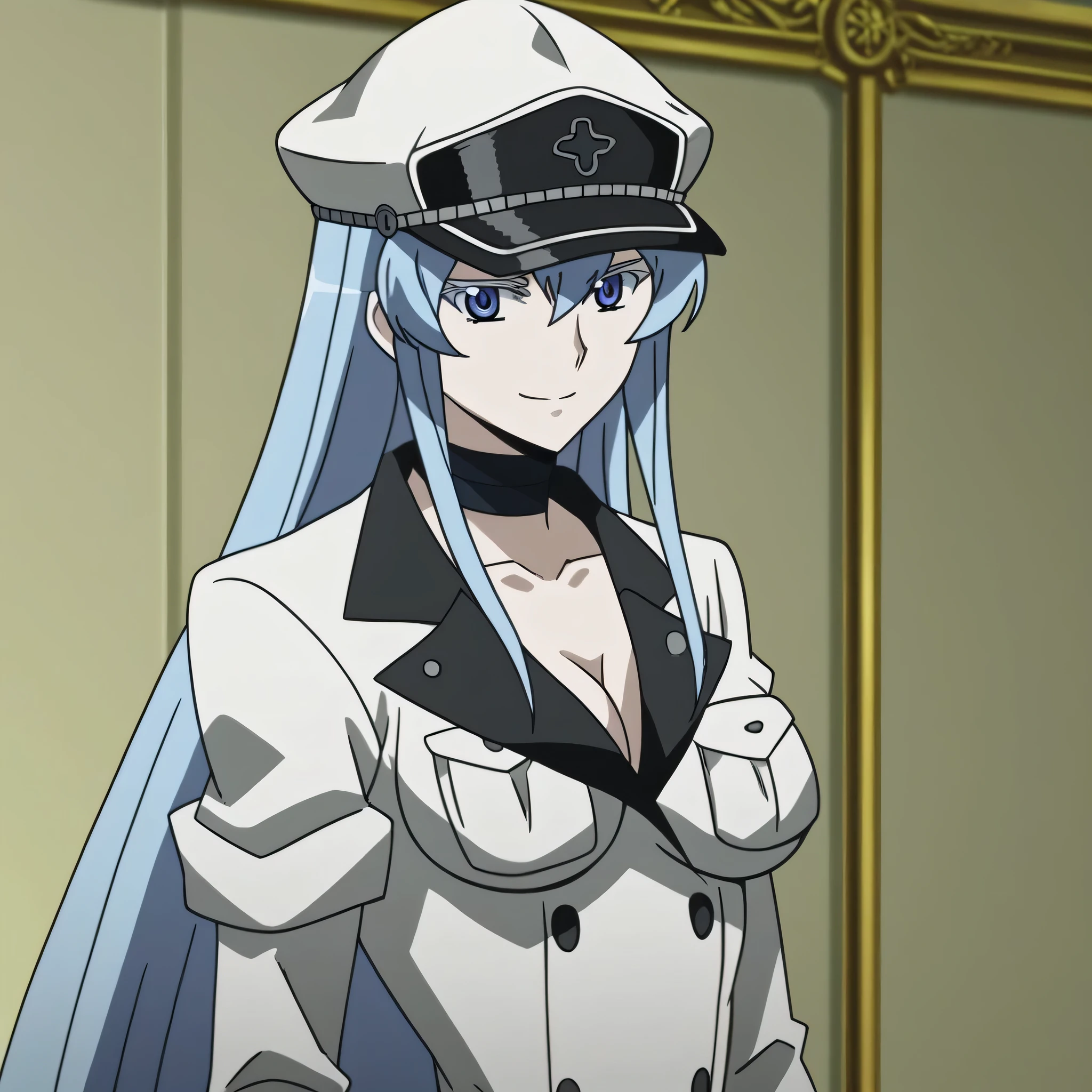 score_9, score_8_up, score_7_up, source_anime, anime screencap,
esdeath,
esdeath, blue eyes, blue hair, long hair, smile, eyelashes,
boots, choker, cleavage, collarbone, hat, military, military uniform, peaked cap, thigh boots, thighhighs, uniform,
looking at viewer, dutch angle, cowboy shot,