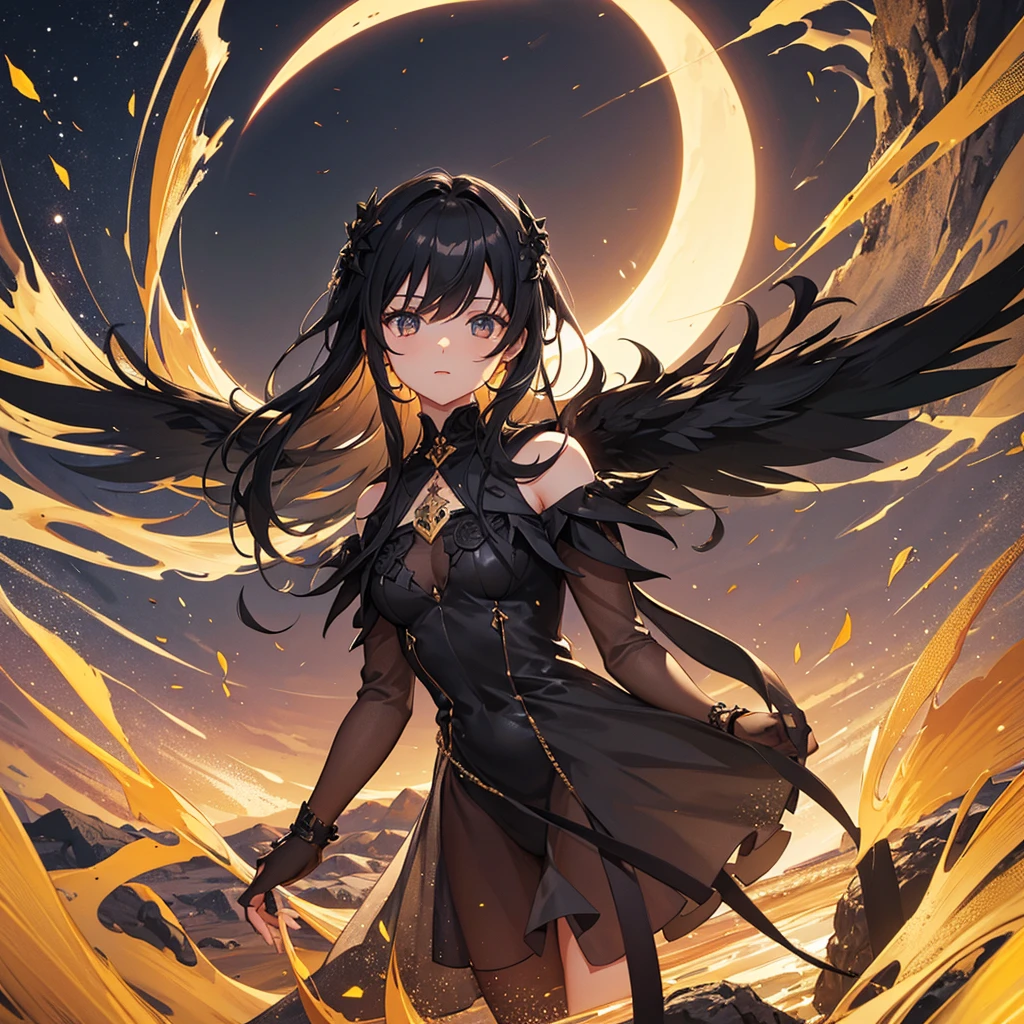 A black angel in the middle of the desert, during an eclipse, natta, character in the center of the image