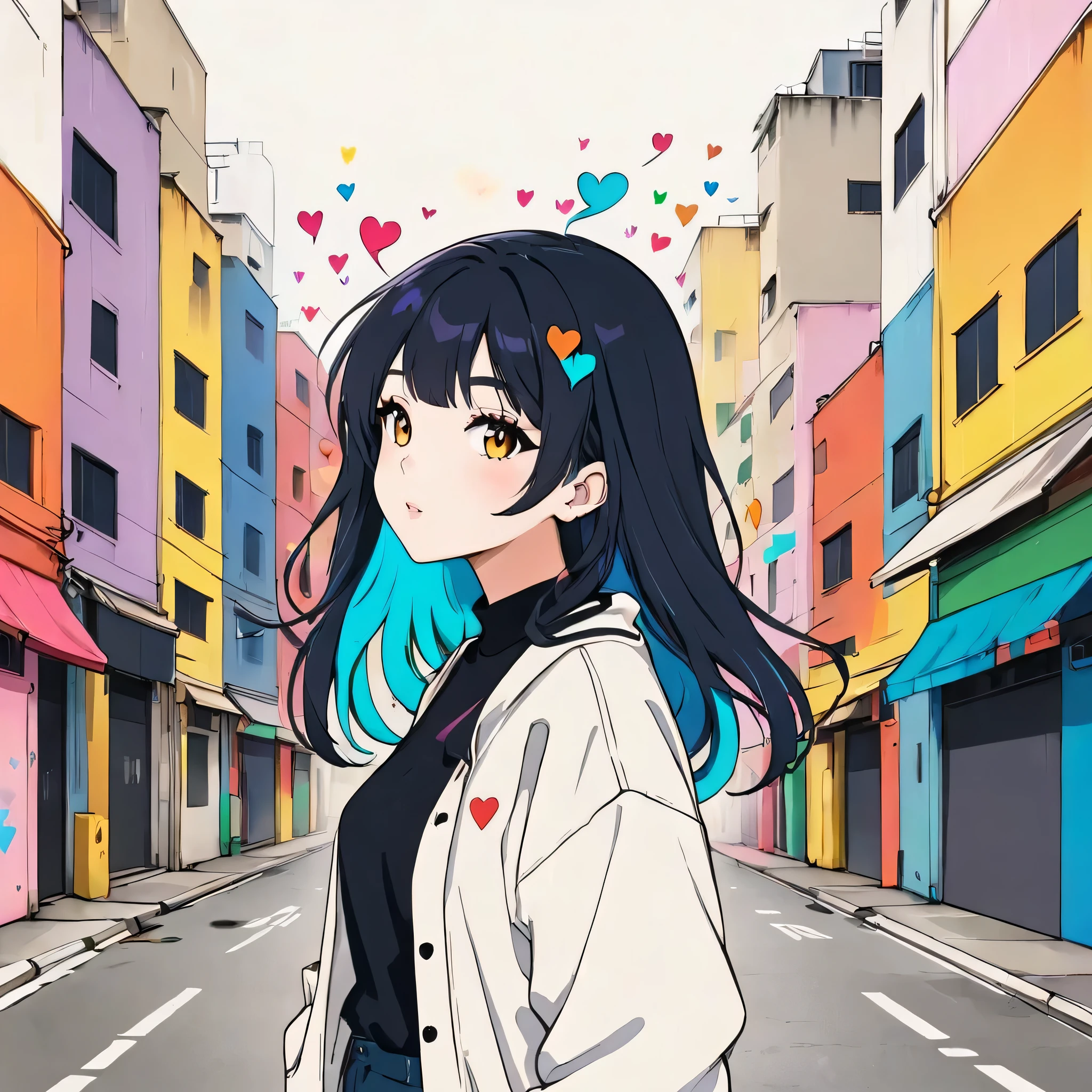 Mai Yoneyama style, Simple Line Initialism,Abstract art,Urban Background, colorful hearts ,(((The most beautiful girl of all time))),
